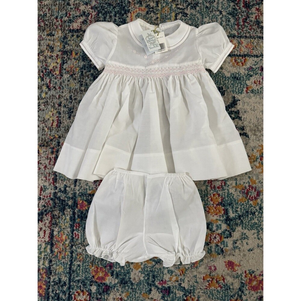 NEW Feltman Brothers Baby Girl White and Pink Embroidered Dress Size 9 Months